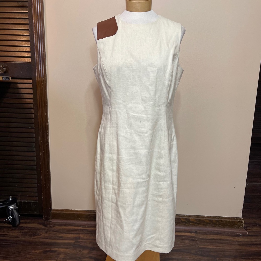 Lauren Ralph Lauren Cream Linen Cotton Leather Shoulder Sheath Dress 12 Womens